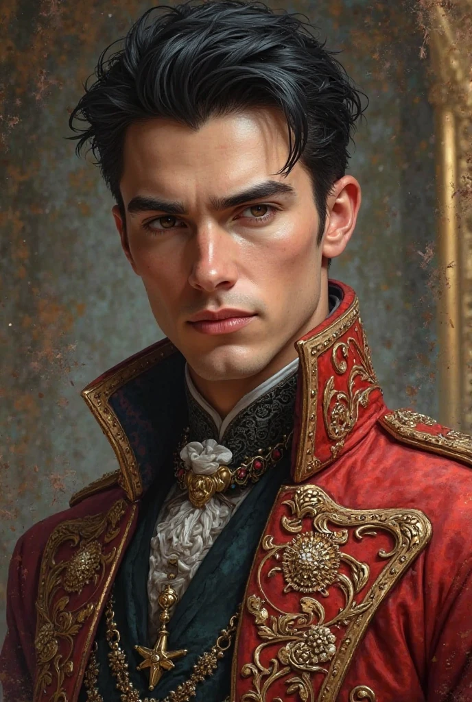 create a guy in his 17/18 with his black hair slicked back and his dark eyebrows and his hunter brown eyes. also wear him something fansy more royalish