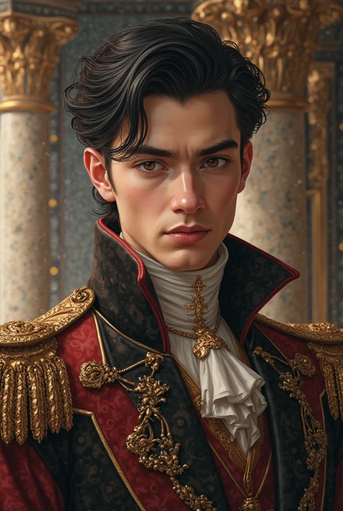 create a guy in his 17/18 with his black hair slicked back and his dark eyebrows and his hunter brown eyes. also wear him something fansy more royalish