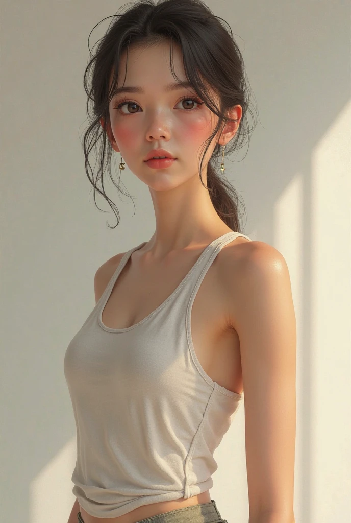 ((Best quality, 8k, Masterpiece :1.3)), Sharp focus:1.2, Perfect Body Beauty:1.4, Slim Abs:1.2, ((Layered hairstyle, teasing expressions:1.2)), (Tank top shirt:1.1), (Street:1.2), Highly detailed face and skin texture, Fine eyes, Double eyelids
