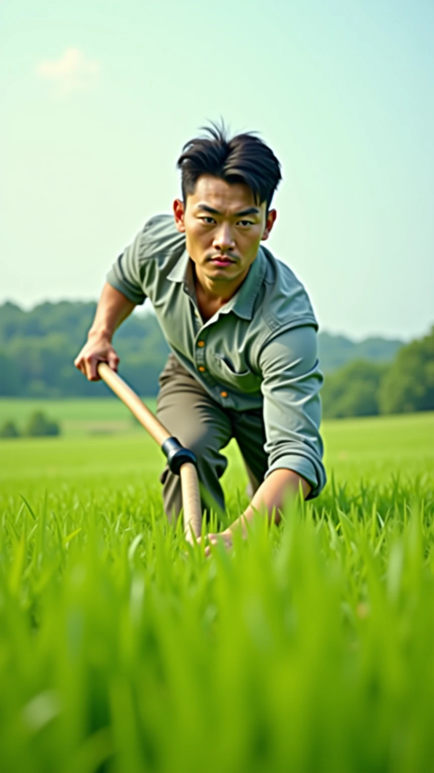 Real photo style、Realistic、Cute handsome man、Idol face、、Japanese、Slim body、Mash Hair、Completely naked、Full nudity、Riding a lawnmower in a rice field