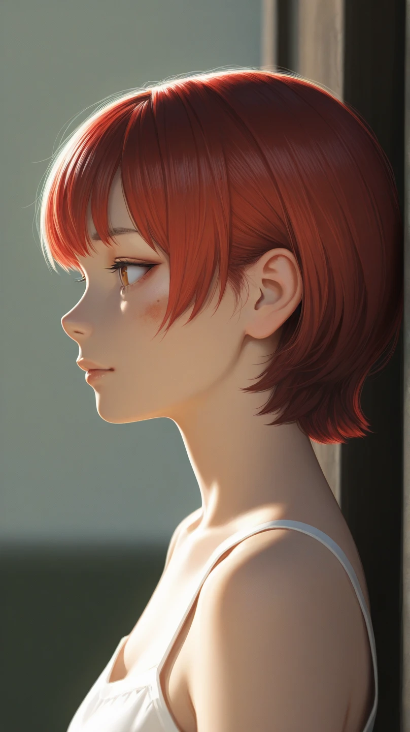 A photorealistic side profile portrait of a young woman with short red hair, sharp facial features, natural lighting, soft shadows, 8k resolution, high detail, cinematic, professional photography, shot on Canon EOS R5