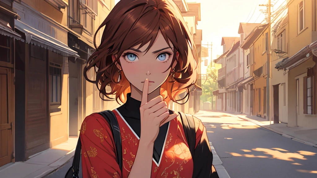 masterpiece, best quality, detailed, highly detailed, ultra detailed, extremely detailed CG, high resolution. 8K, unity 8k wallpaper, beautiful, beautiful mechanics, super detailed skin, detailed beautiful eyes, detailed beautiful face, detailed beautiful face and eyes, very detailed background, highly detailed background, elaborately designed clothes,  
BREAK composition,  
girl, solo,  
BREAK painting style,  
anime style,  
BREAK person,  
30-year-old beautiful woman, reddish brown hair, placed on the right side of the image,  shot from  to head, facing left,  
BREAK  expression,  
serious, thoughtful, slightly sad,  
BREAK behavior,  
gazing at her fingertips, hands raised slightly in front of , quietly still,  
BREAK clothing,  
modern digital-inspired fashion, subtle patterns, light colors, fitted casual top,  
BREAK background,  
twilight cityscape, warm sunset light, modern urban street with soft shadows, glowing windows, faint skyline, emotional dusk atmosphere,  
