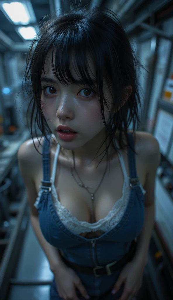 (Photographed through a fisheye lens:1.75) (overhead shot) (pov) highest quality, face focus, (Depth of the bounds written) ,ultra high resolution, (realistic:1.4), Raw photo, (portrait:1.4)(wear blue messy Mechanic's uniform and white lace tank top:1.7)1 japanese girl, alone, cute, open mouth,shocked, (brown eyes), natural face, (blow short length hair) (in a dark mist hole background)  (falling) (At night) (erotic, enchanting atmosphere:1.55)
