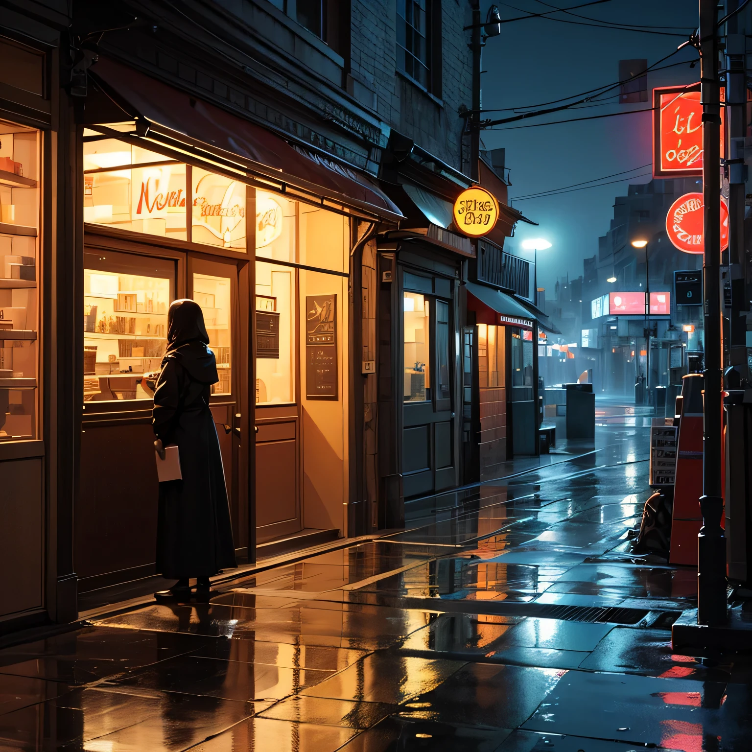 "A rainy city street at night in a moody, cinematic style. The outside of a small, cozy café tucked into the corner of an old building—warm golden light spills from its windows, contrasting with the cold blue tones of the wet street. The café’s sign is faded but still glowing faintly in neon. Rain pours steadily, creating puddles that reflect distorted neon lights from nearby signs and passing cars. The glass windows are fogged slightly, and through them, a lone girl can be seen inside, focused on a journal. The street is mostly empty, except for shadowy figures in the distance under umbrellas and the soft hum of city life. Vines creep along the building's brick exterior, and a subtle, spiral-shaped graffiti is painted near the café door. The overall mood is mysterious, atmospheric, and slightly supernatural—urban noir with hidden secrets, night time."
