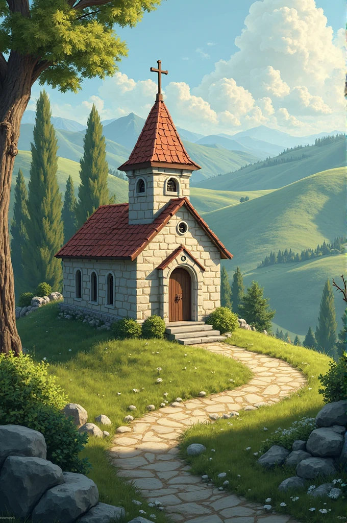 A small church with an obvious cross built on a slope