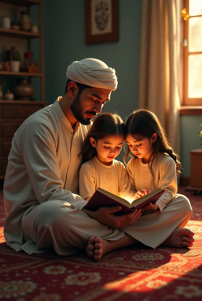 In the courtyard of the house, the Islamic religion father, his childrens, the grandmother reading a story for kids and a playing with the grandmother’dens, and houses can be seen.
