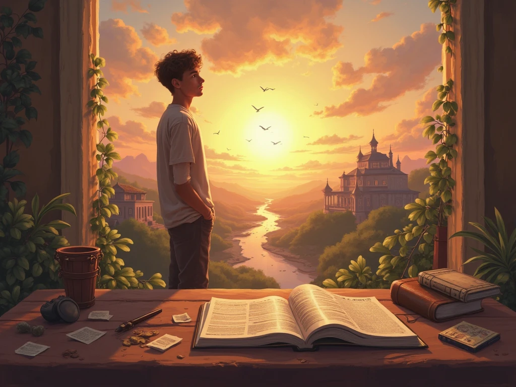 A thoughtful young adult standing at a crossroads, looking at a glowing vision in the distance: a dream home, travel destinations, and a peaceful life. In the foreground, a dusty spreadsheet and unused budgeting app lie on a table. The scene symbolizes purpose before planning. Warm lighting, dreamlike atmosphere, semi-realistic digital art with emotional depth and visual storytelling.