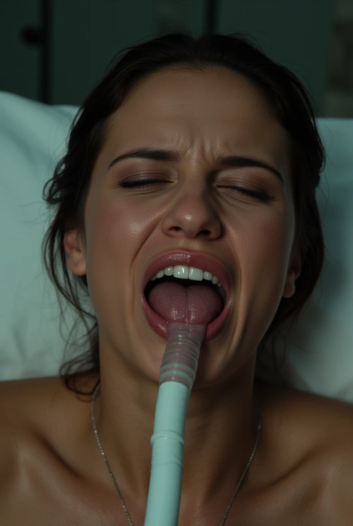One girl, cute, naked, The eyes are hollow and sexy, A man's huge cock is forced into her mouth, Ecstatic expression, Watery eye, Drooling, Bedroom, Detailed Background, indoor, employment, (Realistic:1.4), (In the Dark, Deep Shadow,Modest:1.1), Diffused, natural skin glow, Diffused dark light,