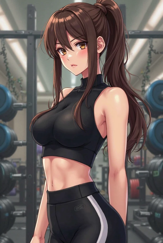 (best quality, master-piece:1.2), long brown hair, purple eyes, (ultra-detailed eyes), twintails, beautiful, Shidou Irina, medium breasts, standing, (upper body), (indoors), bdsm, dominant, evil, (((tank top, panties))), (close-up), perfect anatomy, (sleeveless), (healthy skin), cinematic lighting, detailed face.