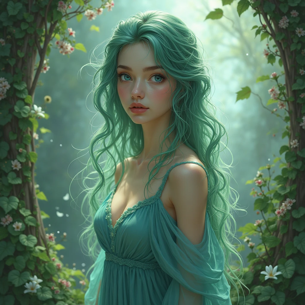 woman with green hair and blue eyes wearing a turquoise dress between plants