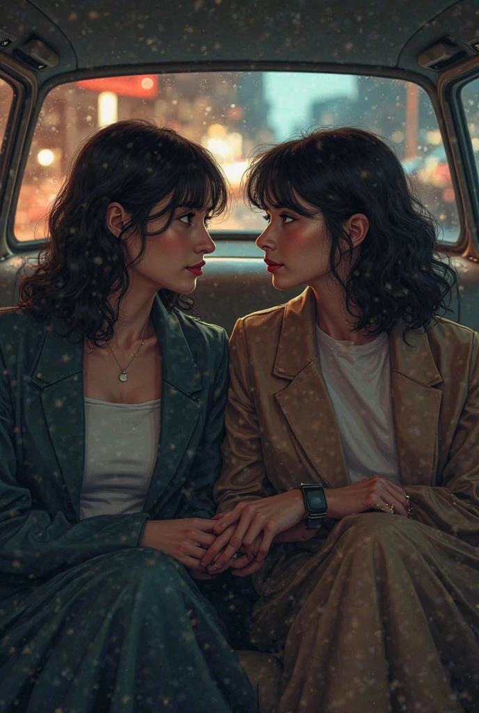 Woman with dark hair and light eyes. Woman with dark hair and brown eyes. They are in the car together.