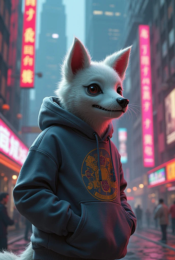 The pure character Skull Dog Furry from Changed wearing a sweatshirt in a cyber city