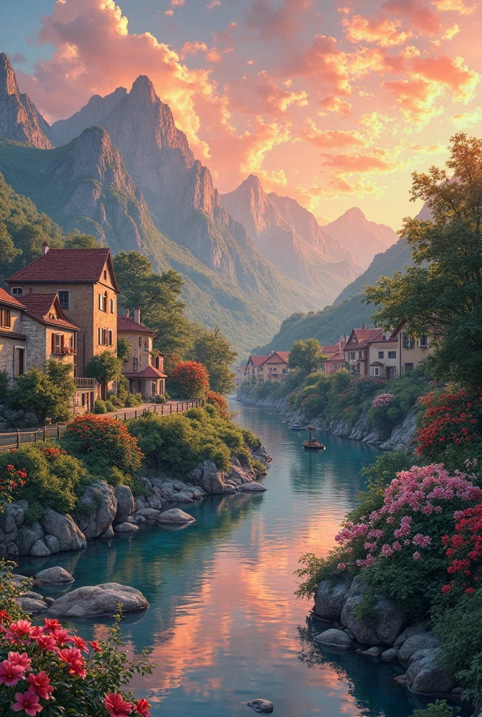 a small village by the river, mountains in the background, floral flowers colorful, detailed landscape, Beautiful natural landscapes, atmospheric lighting, scorching sunset, warm colours, practical, photopractical, Detailed Foliage, complex buildings, cobblestone street, Charming country house, swirly vibrant colors, lush vegetation, Still water reflections, Picturesque, idyllic, work of art, best qualityer, 8k, extremely detaild,anime styling