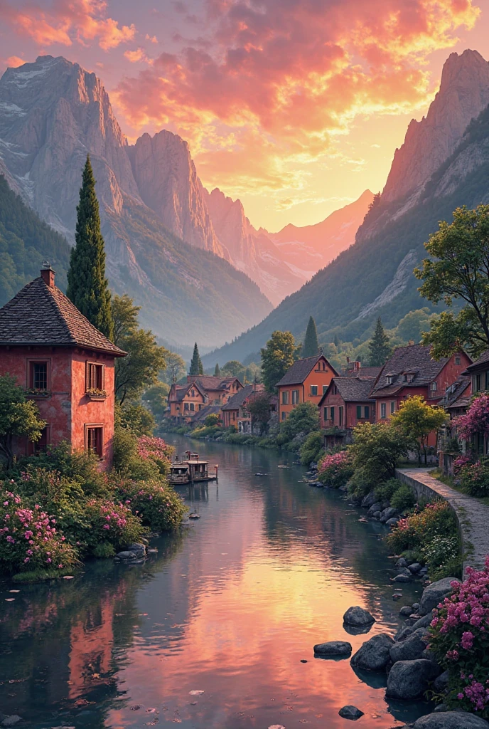 a small village by the river, mountains in the background, floral flowers colorful, detailed landscape, Beautiful natural landscapes, atmospheric lighting, scorching sunset, warm colours, practical, photopractical, Detailed Foliage, complex buildings, cobblestone street, Charming country house, swirly vibrant colors, lush vegetation, Still water reflections, Picturesque, idyllic, work of art, best qualityer, 8k, extremely detaild,anime styling
