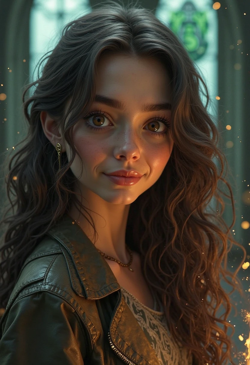 Girl, brown eyes、brunette、curly hair, light leather, guy next door, beauty faces, Without a beard, no stubble, young, who looks like Tom Marvello Reddle, wizards, hogwarts, Slizerin