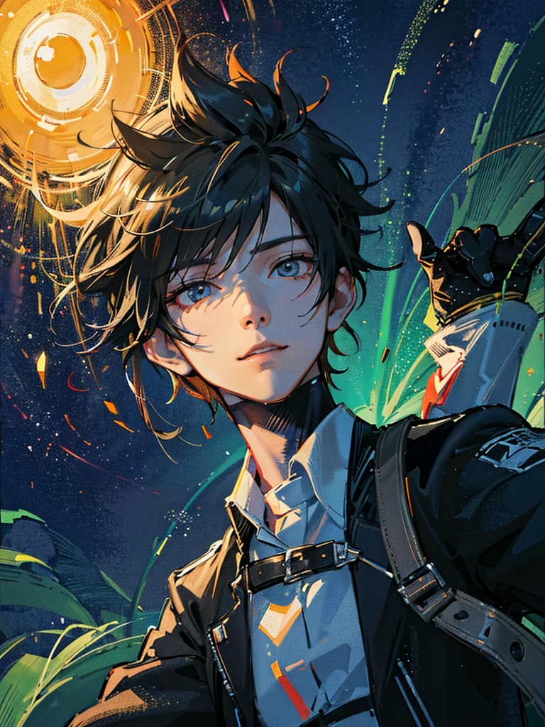 1 boy, male focus, solo, school uniform, gakuran, looking at view, pointing to sun in front of him, rainbow behind him, detailed anime character, highly detailed face, expressive eyes, dynamic pose, photorealistic, 8K, professional studio lighting, physically-based rendering, vivid colors, digital painting, vibrant color palette, warm tones, sunlit atmosphere