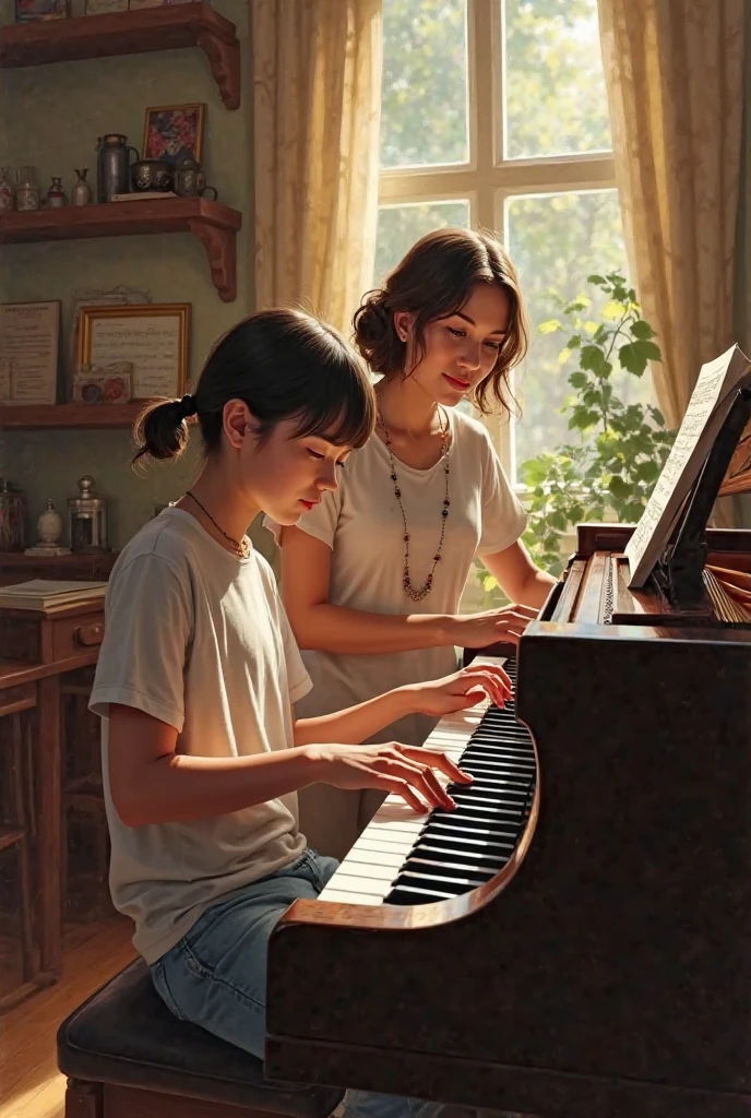 Draw a  playing piano with a female teacher 