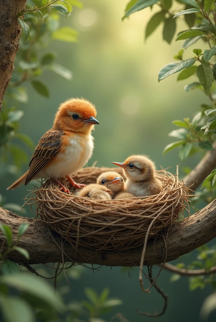 A bird's nest on a tree branch. A few baby birds are in the nest. The mother bird has brought food next to it.