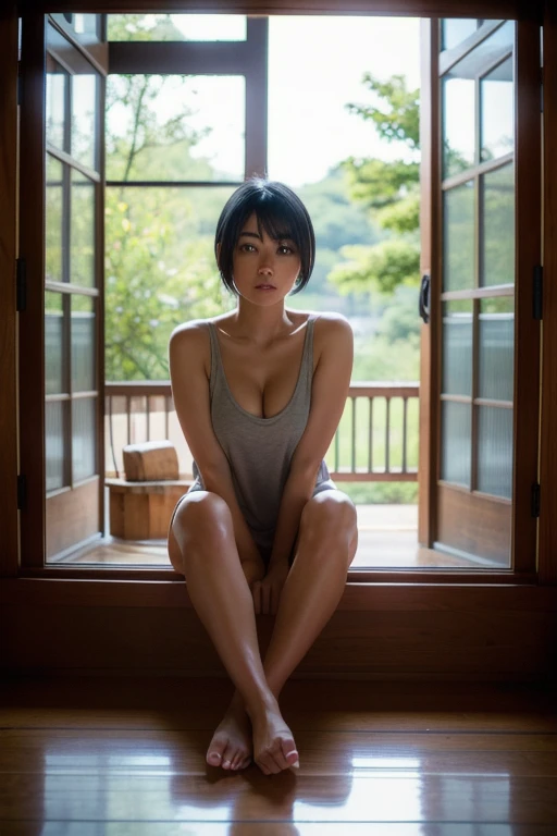  girl, shoulder-length black hair, (thin eyebrows), oversized gray Tank tops, gray T-shirts, denim shorts, barefoot, (large breasts), ((looking away)), symmetrical eyes, sitting, wariza, full body shot, washitsu, scenery, tatami, sliding doors, indoors, window, Underexpose Lighting,
