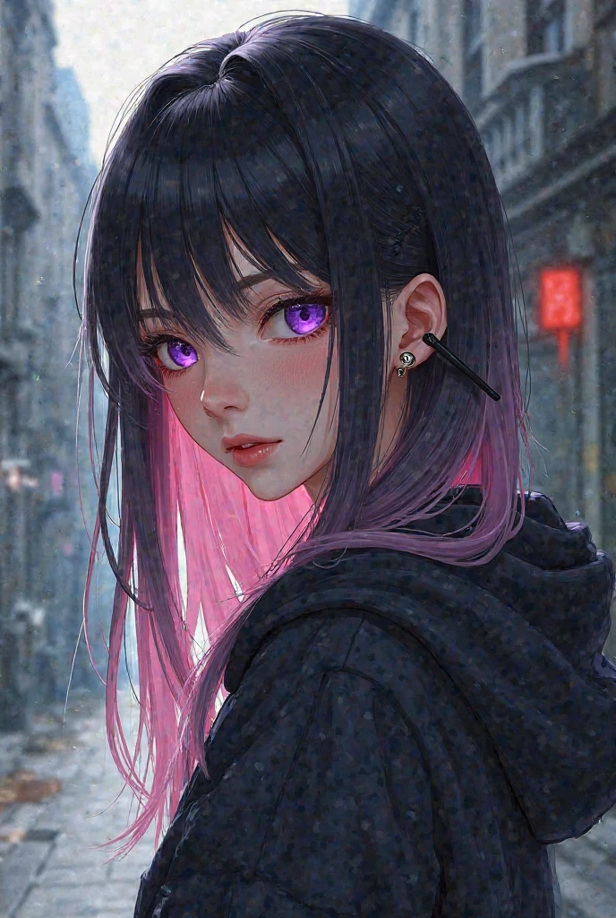 a woman
age 25 years
weight 47kg
height 160cm
hairstyle hime cute long hair
hair color black gradation pink
skin yellowish brown
eye color purple
a little yandere and menhera
clothing hoodie jacket
accessory knife earring on right ear
