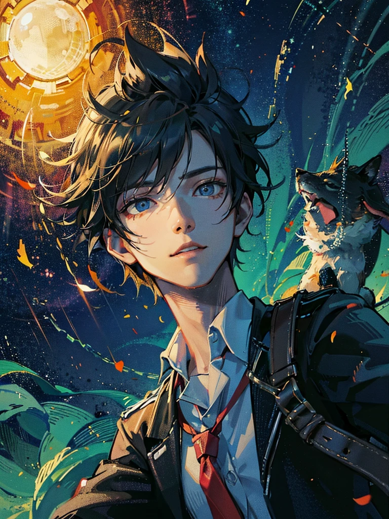1 boy, male focus, solo, school uniform, gakuran, looking at view, pointing to sun in front of him, rainbow behind him, detailed anime character, highly detailed face, expressive eyes, dynamic pose, photorealistic, 8K, professional studio lighting, physically-based rendering, vivid colors, digital painting, vibrant color palette, warm tones, sunlit atmosphere