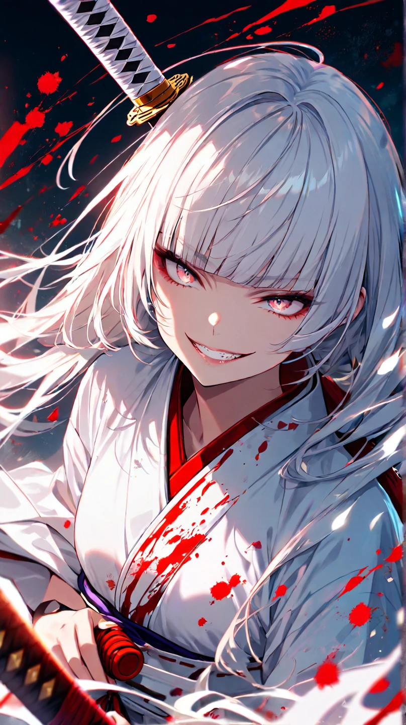 top-quality、​masterpiece、8K、A detailed、二重まぶた、Well-formed face、Old house in Japan、Ghost of a woman with a white face full of blood、Girl in white kimono with blood on it、a smile、shrines、Evil Spirit、Blood splattering blood