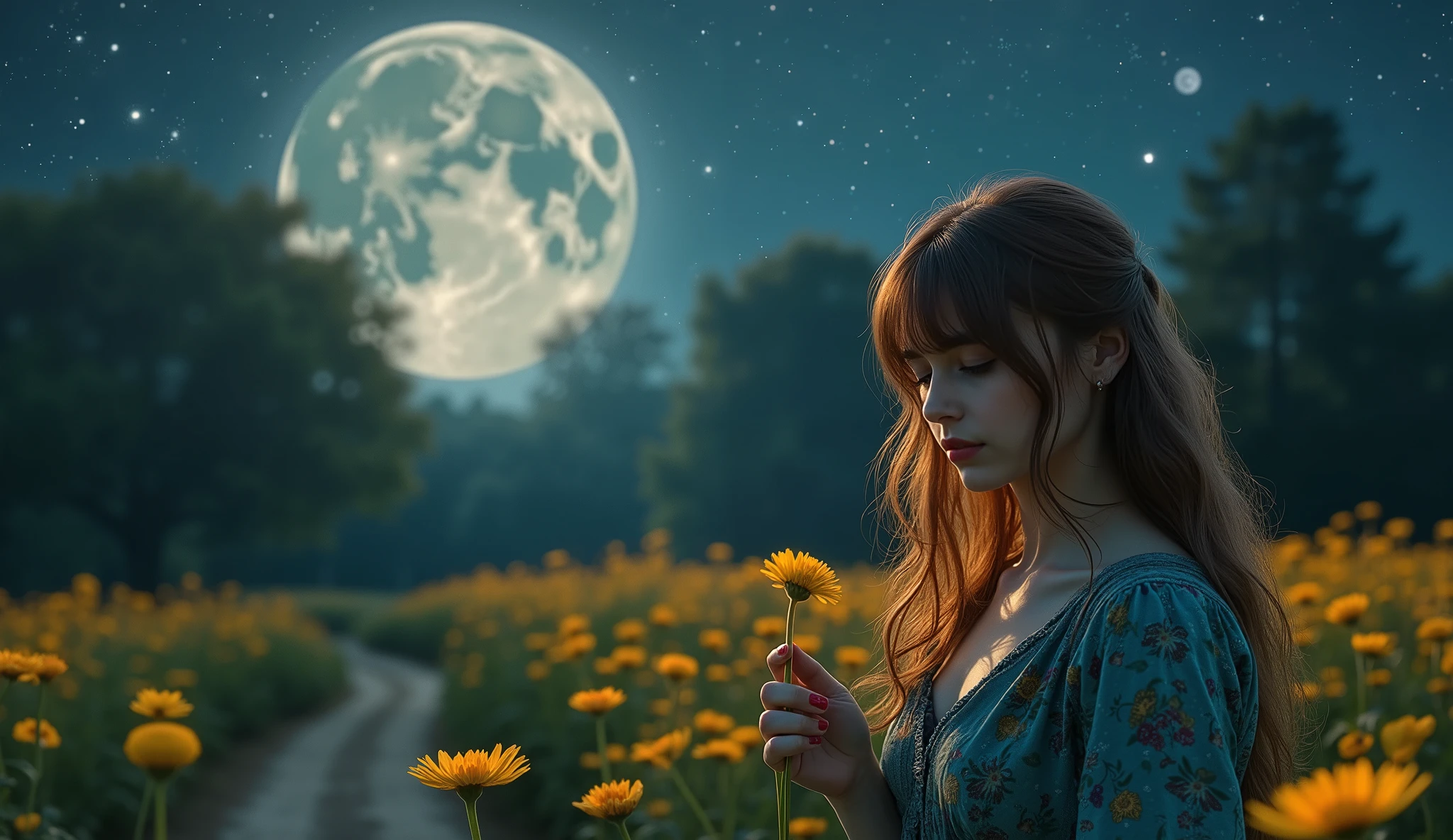 (걸작, best image quality , 8k), real photo , perfection of fashion, full body, faint smile, Exquisitely Painted , Realistic, ultra high definition,ultra high definition, , very detailed, high quality, high detail with stars, High Resolution,Unfocused Background,female,, 18-year-old Ukrainian beauty , , colorful hair color ,Dreamy night scenery. "A vast nature full of emotion,Moonlight flowers are blooming, The moon is floating in the sky, Soft natural light envelops her silhouette and , creates a warm and dreamy atmosphere . is blurred with a soft outfocus, An emotional, cinematic scene ." She is feeling nature while touching moonshine flowers, Flower fields are spread out along with a path leading to a mysterious forest with a fairytale-like atmosphere