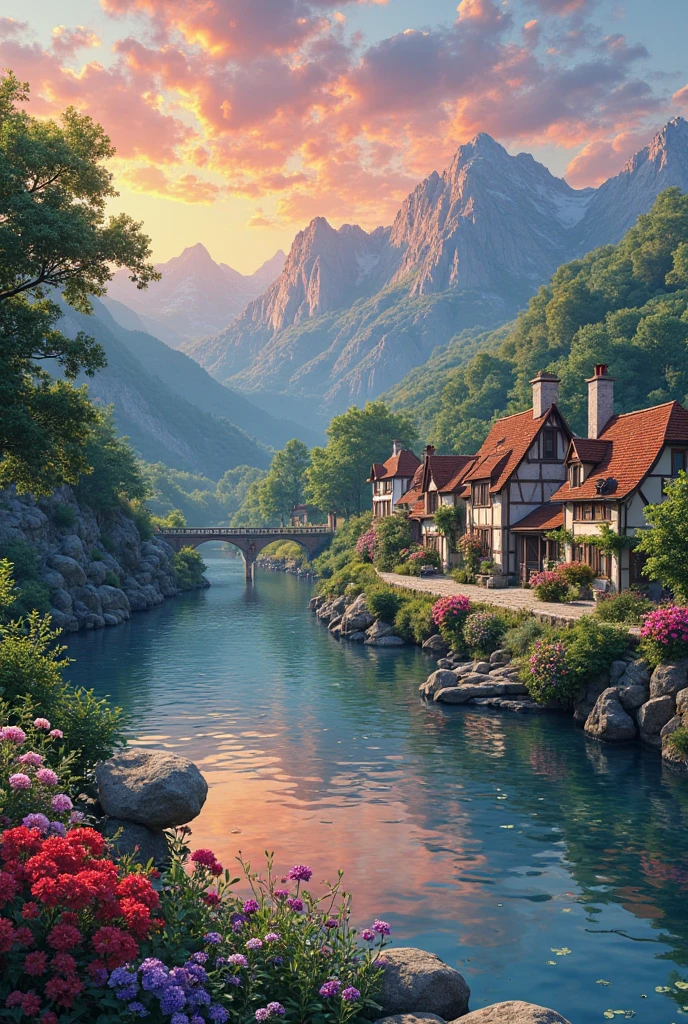 A small village by the river, mountains in the background, colorful flowers, detailed landscape style, beautiful natural scenery, atmospheric lighting,  scorching sunset ,  warm colors, practical, photographic, detailed foliage, complex buildings , cobblestone street, charming country house, vibrant colors, lush vegetation, reflections in the water, pitoresco, idyllic, work of art, Best Quality, 8k, extremely detailed, anime style