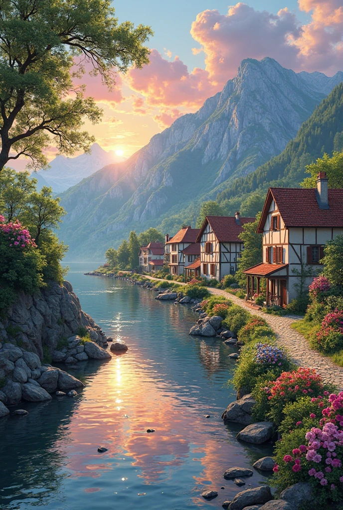 A small village by the river, mountains in the background, colorful flowers, detailed landscape style, beautiful natural scenery, atmospheric lighting,  scorching sunset ,  warm colors, practical, photographic, detailed foliage, complex buildings , cobblestone street, charming country house, vibrant colors, lush vegetation, reflections in the water, pitoresco, idyllic, work of art, Best Quality, 8k, extremely detailed, anime style
