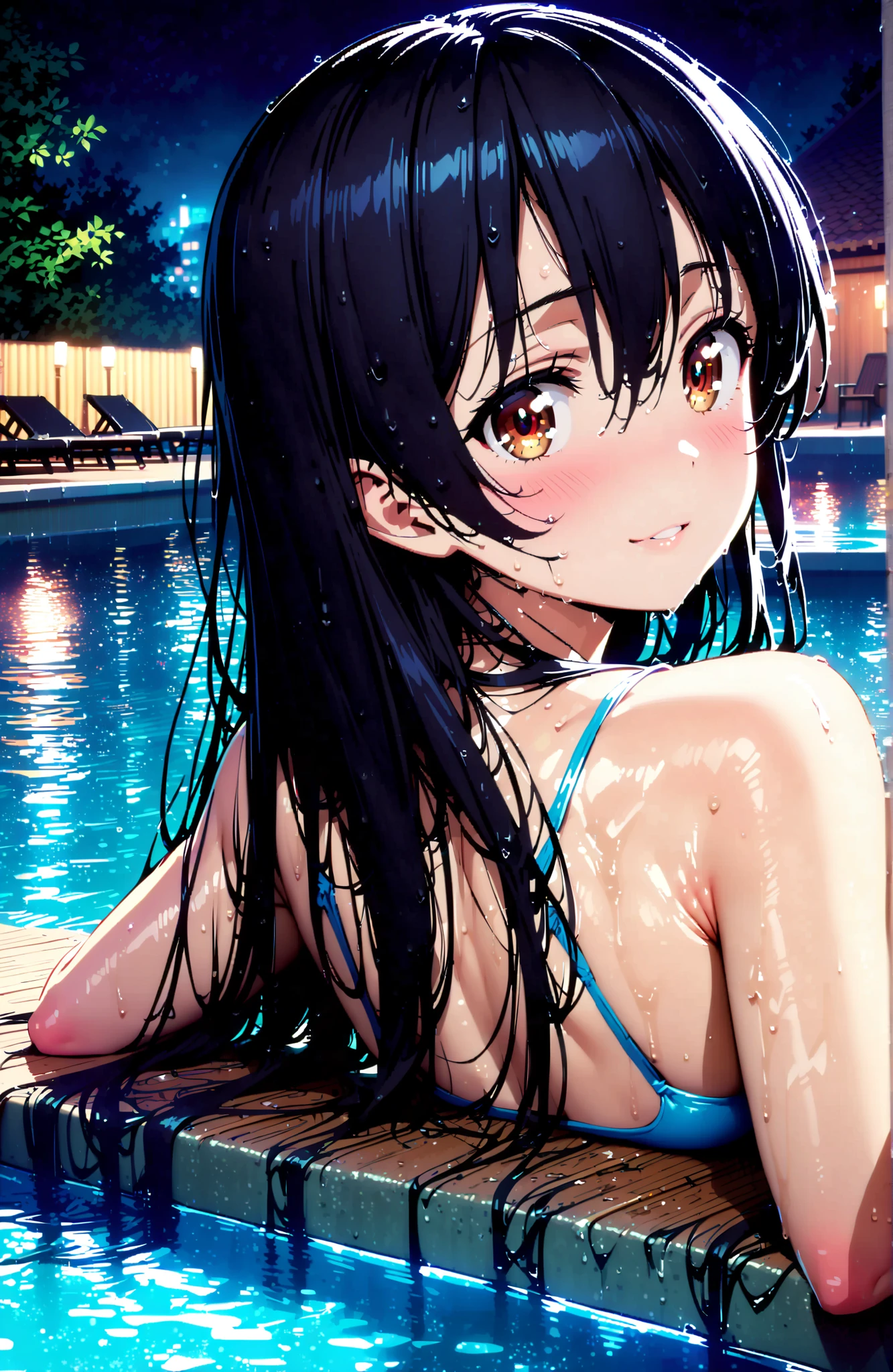 Sonoda Umi , long hair, bungs, hair between eyes, brown eyes in the oral vagina, blue hair, small ,Blue string bikini swimsuit, back of the anus,is turning around after changing clothes,wet hair,wet skin,wet hair,Submersion,night, Beautiful Streetscapes,綺麗なnight景,smile,blush,close your mouth,The surface of the water is illuminated by moonlight,Mysterious,break outdoors,night pool,
break looking at viewer,full body,
break (masterpiece:1.2), top quality, high resolution, Unity 8k 壁紙, (illustrations:0.8), (beautiful detailed eyes:1.6), Highly detailed faces, perfect lighting on the table, extremely detailed CG, (perfect hand, perfect anatomy)