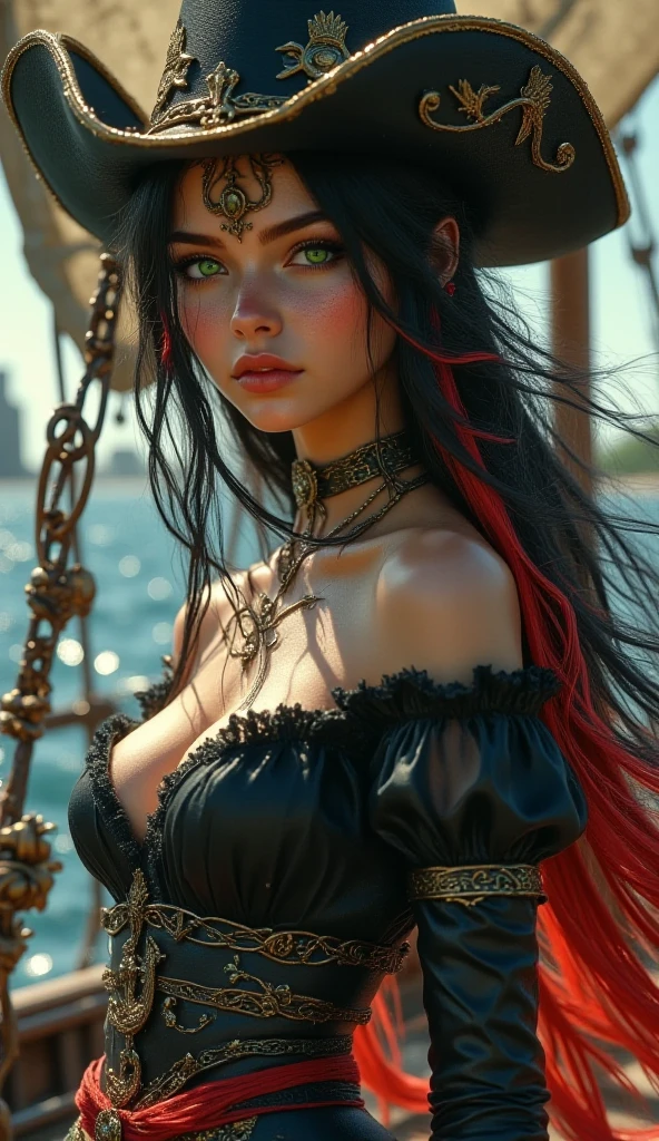 Beautiful tanned red haired pirate harley quinn woman (margot robbie), massive breasts erect protruding erect nipples,wearing bohemian style skirt, thick leather belts, bandana, translucent white cropped gypsy blouse, visible nipples, gold jewellery, holding a black raven,loose wavy hair. Fasion posed, in a 16th century Caribbean harbour, with pirates and pirate ships. Golden hour, golden glowing sunlight, hot Caribbean day. Large breasts, Earrings, Blush,