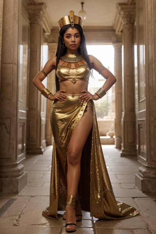 Create a highly detailed and realistic portrait of Queen Nefertari standing next to a golden sarcophagus at sunset. She is adorned in an intricately designed golden dress with emerald detailing, a jeweled headdress and ornate jewelry. The background includes the Pyramids of Giza in the distance, the Nile River below and the desert reflecting the orange and pink hues of the setting sun.