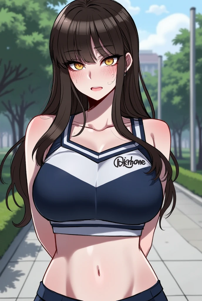 muscular girl huge breasts against wall black hair yellow eyes frown sad blushing tight red shirt muscular muscular