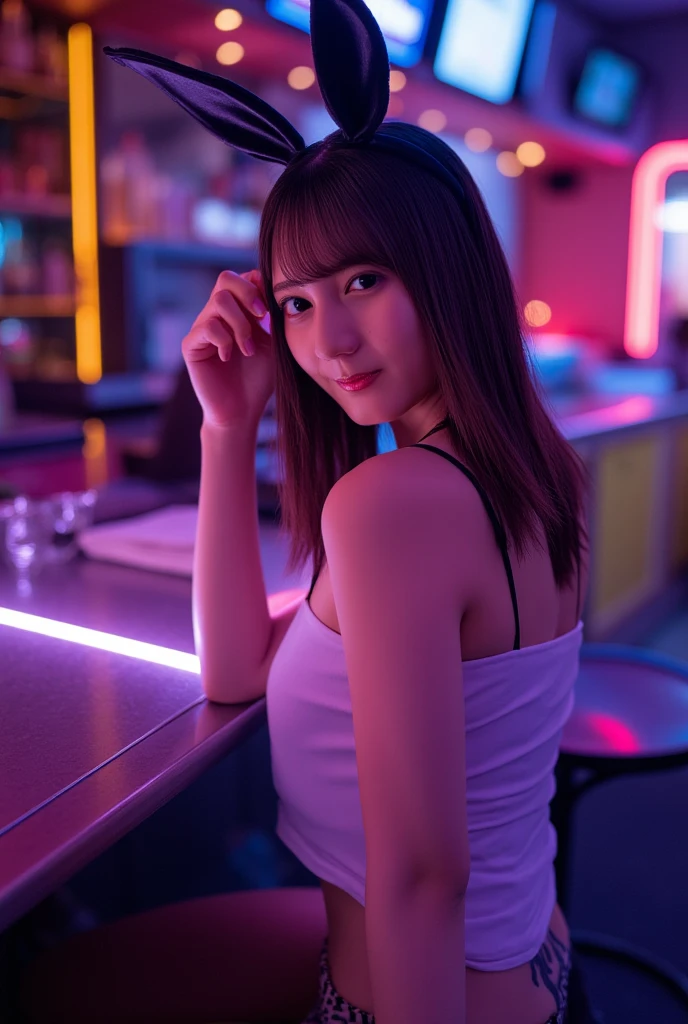 A view from the front of the entrance of a Japanese restaurant。colorful neon。You can see the whole body of a young woman sitting on the floor of the entrance wearing an undergarment.。cleavage。meaty thighs。Make your face realistic。baby face。Japanese style。