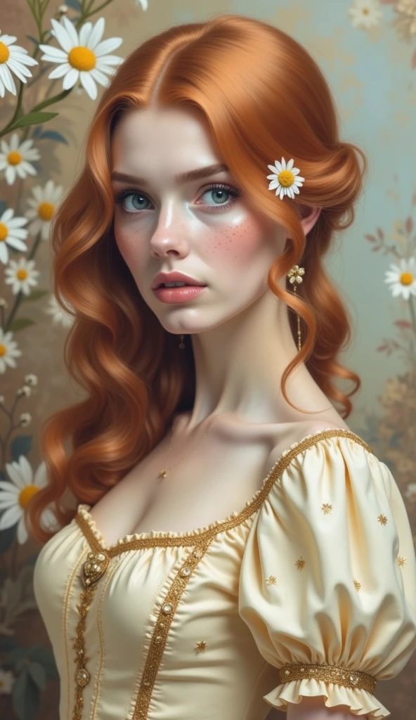 A realistic portrait of a 25 years old woman, with red hair in soft waves, light blue eyes, adorned with freckles, wearing a princess cream coloured dress with a honey coloured bodice with golden embroderies, a small golden daisy clip in the hair, a daisies vintage garden in background, large sweet eyes, parted lips, minute pale red nose, 