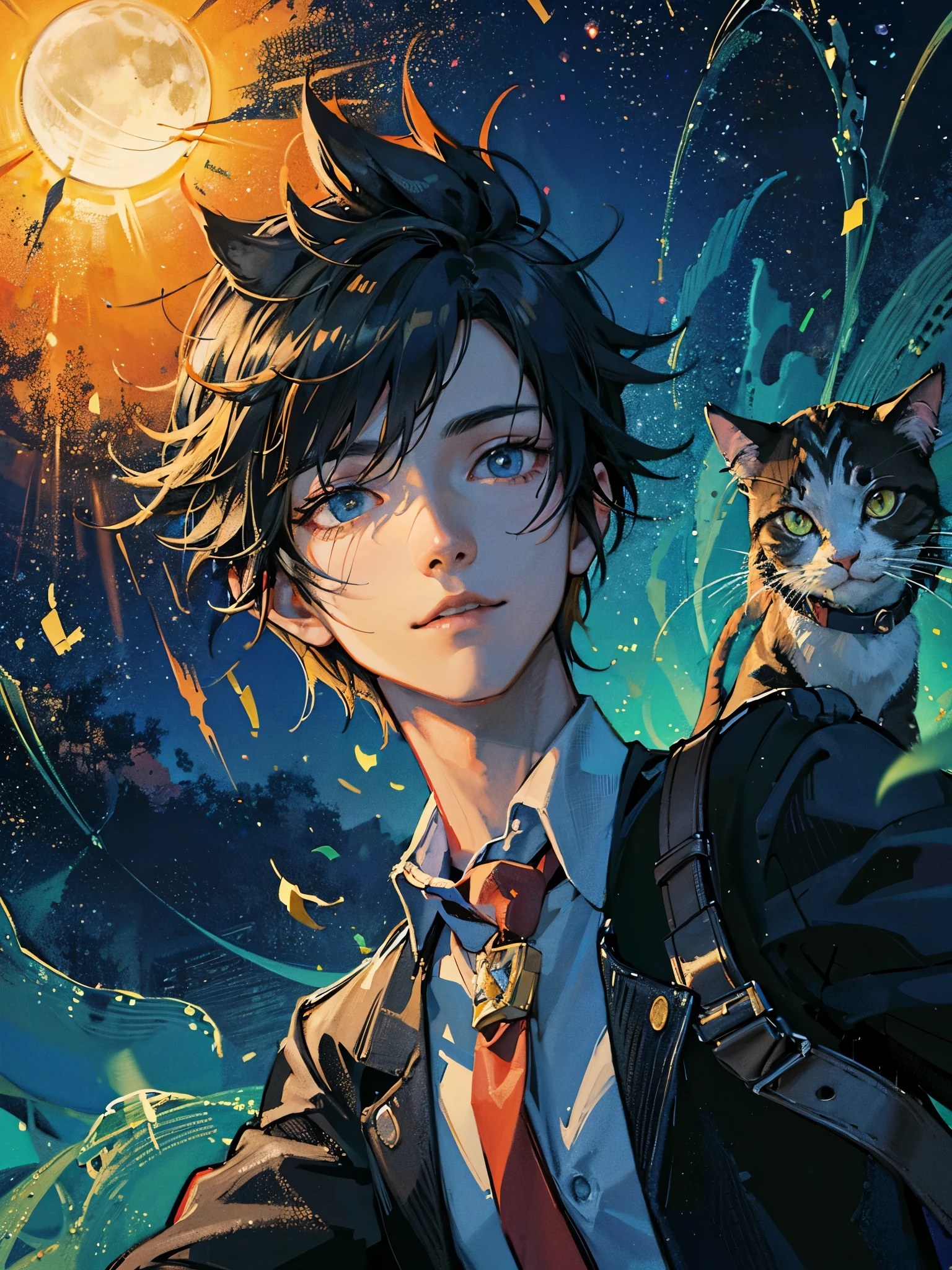 1 boy, male focus, solo, school uniform, gakuran, looking at view, pointing to sun in front of him, cat, rainbow behind him, detailed anime character, highly detailed face, expressive eyes, dynamic pose, photorealistic, 8K, professional studio lighting, physically-based rendering, vivid colors, digital painting, vibrant color palette, warm tones, sunlit atmosphere
