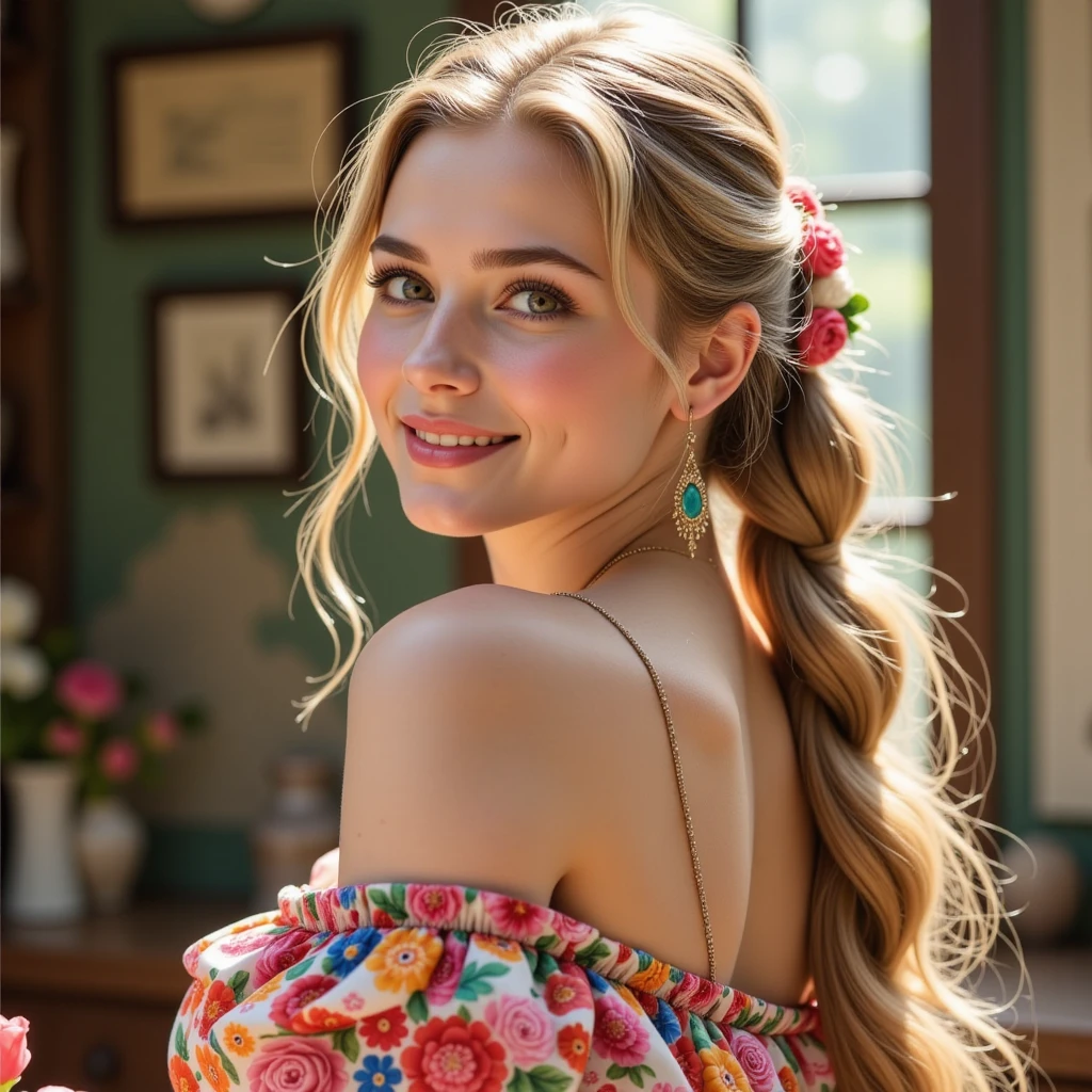 A beautiful girl with her blonde hair tied up, holding two red roses in her hand. She is dressed in a fashionable outfit and has a warm and cheerful smile on her face. The scene is set on a charming country street, with quaint buildings and blooming flowers in the background.
Medium: Illustration or Oil painting
Additional details: The girl's eyes are bright and twinkling, and her lips are perfectly shaped with a natural rosy color. She has a natural and effortless beauty that captivates everyone who sees her. The roses she holds are vibrant and fragrant, adding a touch of romance to the scene. Her fashion outfit is trendy and stylish, reflecting her confident and chic personality.
Image quality: (best quality, 4k, highres, masterpiece:1.2), ultra-detailed, (realistic, photorealistic, photo-realistic:1.37)
Art style: Portraits
Color palette: Soft pastel colors with a focus on pinks, reds, and greens to enhance the romantic and natural ambiance.
Lighting: Soft sunlight illuminating the scene, casting delicate shadows and creating a warm and inviting atmosphere.
Remember to ensure the prompt flows smoothly without any punctuation marks or explanations.