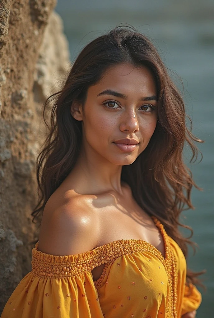 Create a hyperrealistic digital portrait of a young Latin girl. She should have warm, sun-kissed skin with a subtle golden undertone, expressive dark brown eyes, and long, wavy black hair that cascades gracefully over her shoulders. Her facial features should include a delicate nose, full lips, and well-defined cheekbones, giving her a naturally radiant and healthy appearance. She should be wearing a traditional embroidered blouse with vibrant colors and intricate patterns that reflect Latin American cultural heritage. The background should be softly blurred, focusing attention on her face and attire, with hints of a lively, sunlit outdoor market scene to add context and depth. The lighting should highlight her natural beauty, capturing the essence of a warm, sunny day