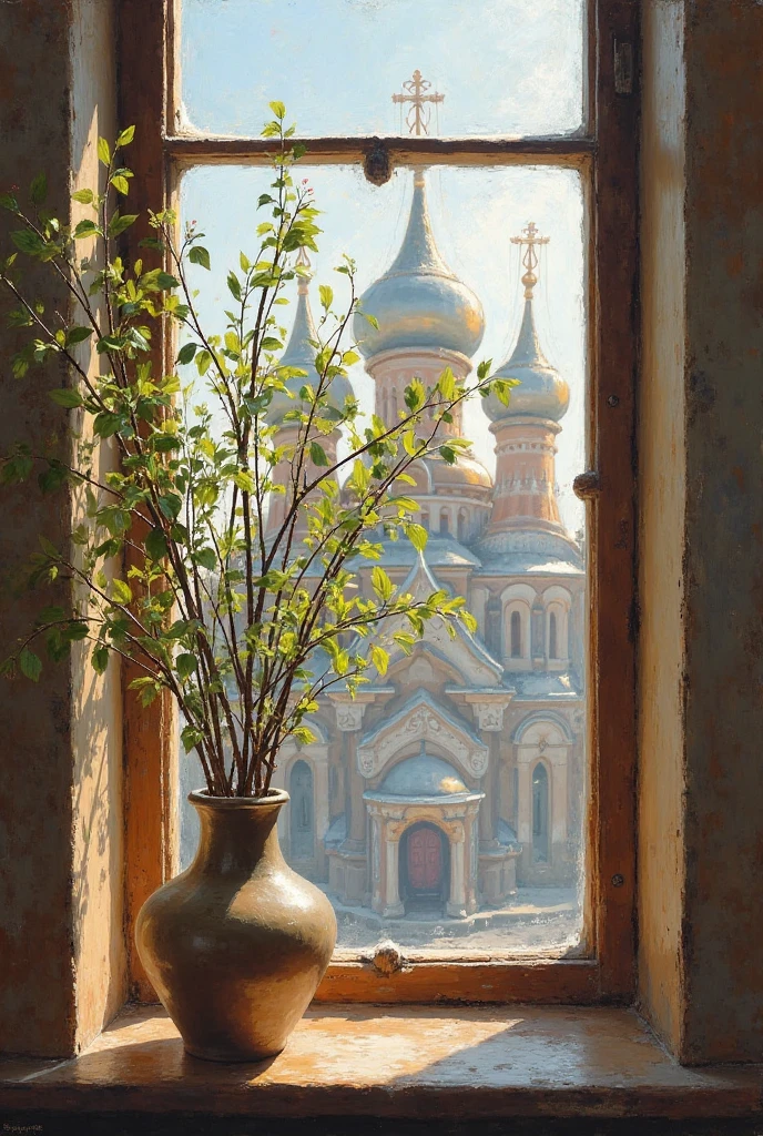 The painting showing the view from the window of a Russian church and on the windowsill a bouquet of willow in a vase is painted in Russian painting traditions 
