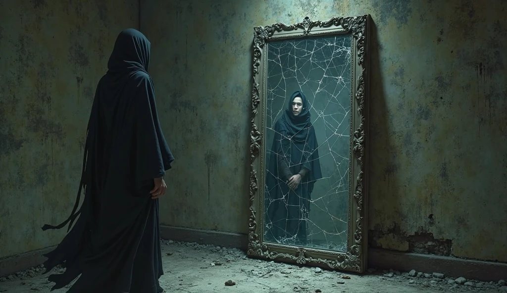 **Scenario:** Imagine an underground environment or a cave, symbolizing the depth and intensity of Scorpio dreams. The setting is dark and atmospheric, with soft, dramatic lighting that highlights the environment and creates an atmosphere of mystery and power.
**center of picture:** At the center, there is an old and ornate mirror, with a rich and detailed frame. The mirror reflects a Scorpio figure in an enigmatic way, perhaps with an intense or contemplative expression. The reflection in the mirror shows a symbolic transformation – perhaps a face merging with shadows or a metamorphosis that suggests profound change.
**Surrounding Environment:** The cave walls are dark and textured, with bright veins that resemble the structure of a rock. There are elements that represent transformation, like butterflies in a state of metamorphosis or crystal fragments that reflect light in intriguing ways.
**Additional Detail:** In a corner, there is a box or an old book, symbolizing control and manipulation, with complex locks and a sense of mystery. Near the mirror, a network of wires or ropes may be slightly visible, representing the difficulty in dealing with emotions and the tendency to control or hide feelings.
**Image Feeling:** The image must capture the duality between emotional depth and the desire for control.. The atmosphere should be charged and full of tension., with a play of light and shadow that accentuates the emotional complexity of Scorpios. The overall feeling is one of intense internal struggle and the effort to maintain a controlled facade while dealing with hidden and powerful emotions..