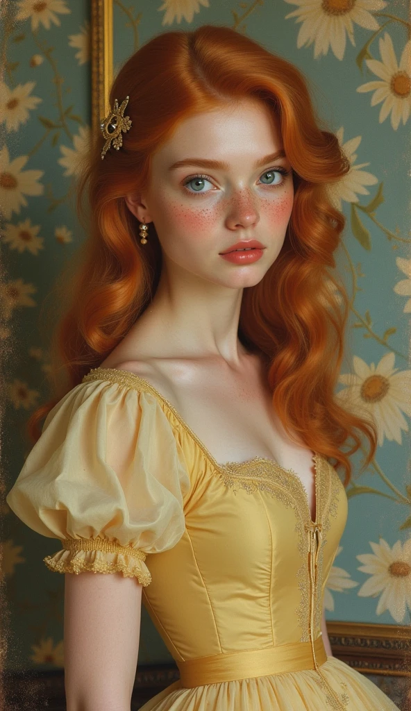A realistic portrait of a woman with a sweet gaze towards the viewer, with large and sweet blue eyes, a small nose and freckles, she has red hair in soft waves and a small golden hair clip in her hair, she wears a pale yellow dress with puffed sleeves and a honey-colored bodice, with a wide chiffon skirt, half-length, parted lips, a vintage wall with daisies patterns blurred in the background