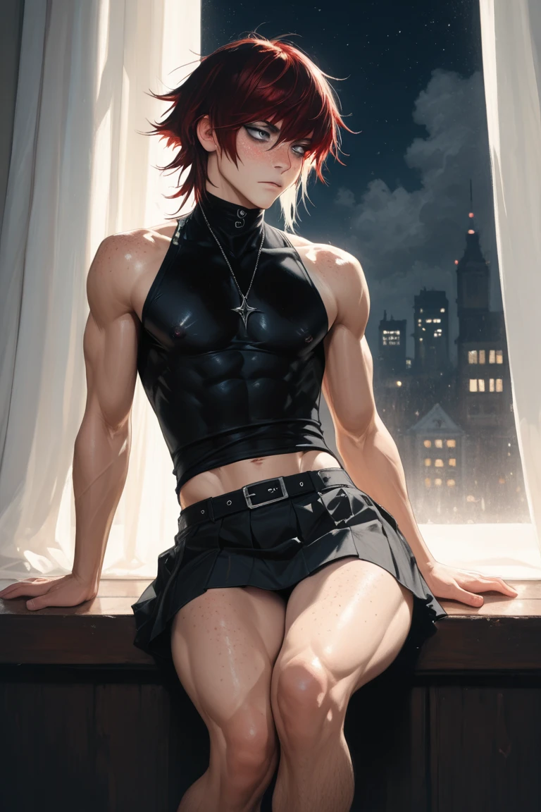 hot male, short pink hair, gothic dress, masc