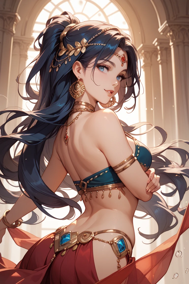blue long hair, red belly dance costume, beautiful woman