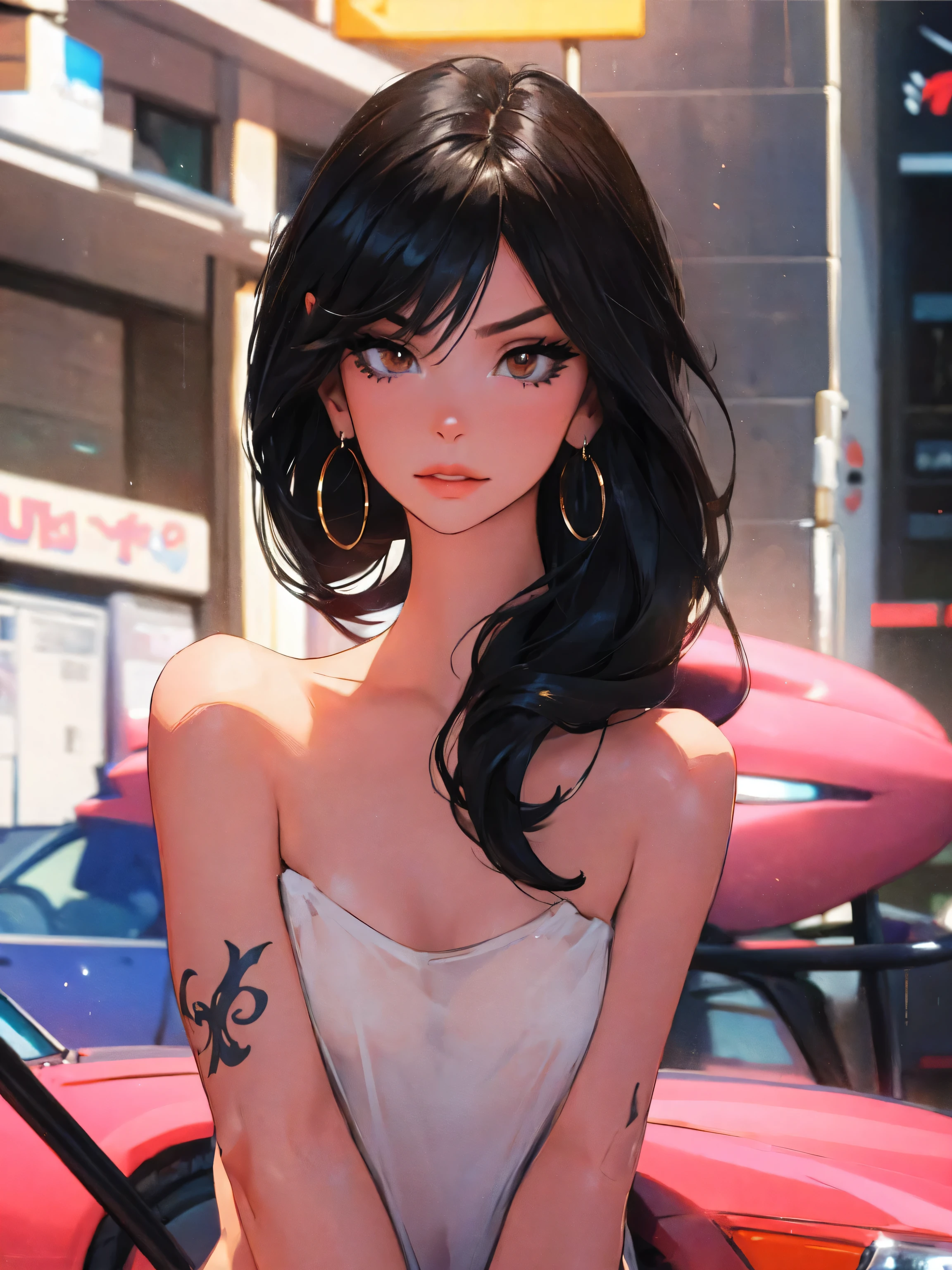 1girl,a beautiful fashion model ,(masterpiece, official art, best quality),long and shiny hair, black hair, full lips, upturned nose , medium breasts, stripping, elegant makeup, exhibitionism, naked in public, , slim thighs, toned body, shiny skin, sexy pose, tattoos, (( (slender, skinny, slim))), gold hoop earrings, pink eyeshadow, cute face, ((tentacle pit
))), swept bangs