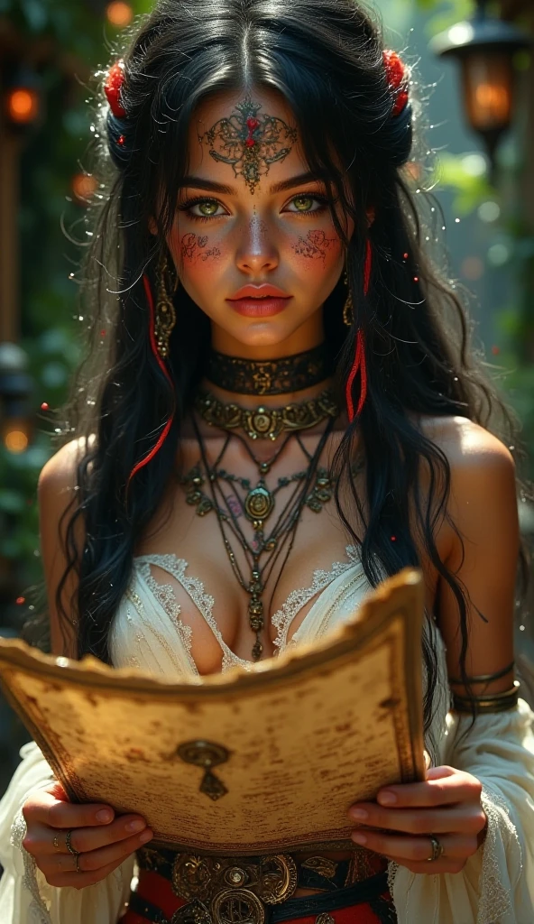 1girl, (solo:1.4), medium wide shot, shaman, bohemian celtic robe, (gigantic breasts:1.2), headpiece made of bone with big moose horn, decorated with dead twig and branches, very long hair, (dry messy hair:1.4), detailed face, (looking at viewer:1.4), foggy forest, black hair, sensual gesture and expression,