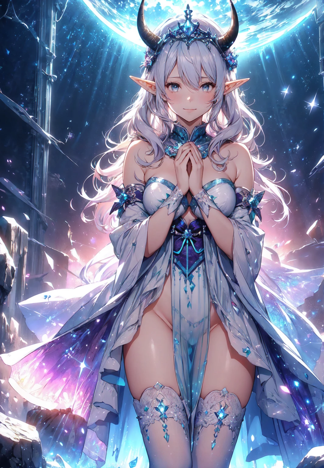 最high quality、1 woman elf、Succubus、(( cowboy shot ))((full body stocking))'((see-through body stocking))、Beautiful eyes、tears、Raise your arms behind your head、Beautiful decoration、、Ice tiara、、A world made of ice、最high quality , Fractal Art.Ice Throne、ice World、比基尼、beautiful big ass、 ((Laugh beautifully、))((Glowing ice ))SMqueen、Beautiful face、orgasm、Ecstasy、全身Beautiful decorationのストッキング、Devil's World、Ice crystals、Crystal of snow、Ice wall、ice World、Bigger on the front、 Beautiful shine,High-definition depiction, Realistic, 8K, Unity, Beautiful thighs,,Giant Devil's Wings、Rainbow-colored wings、、 light smile, Beautifully and vividly drawn, , beautiful beautiful透き通る肌、輝くBeautiful decorationの魔法、Giant horns、 demon king、、Beautiful decorationの角、 , beautiful、 Romanticism,mosquito。 The most beautiful form of chaos, Mr..々 Intertwined flowers, P article,Magical gentle light,smile,,image quality、masterpiece、Beautiful face、Super beautiful elf woman((Big breasted 22 year old office lady、Bust 120,Beautiful long ironed hair、Silver Hair、height: 165cm。、Esbian、、high quality、、Visual Arts、最high quality、1 woman elf NP: Worst quality ,beautiful Fractal Art 、、、light、Beautiful radiance,High-definition depiction, Realistic, 8K, Unity, , light smile, Beautifully and vividly drawn, , Beautiful, beautiful, clear skin、 Countless rays of light pouring down, Swirling Light, big background, , Intense light is emitted from the magic circle in front of the girl. Romanticism,Cowboy Shot: 最high quality