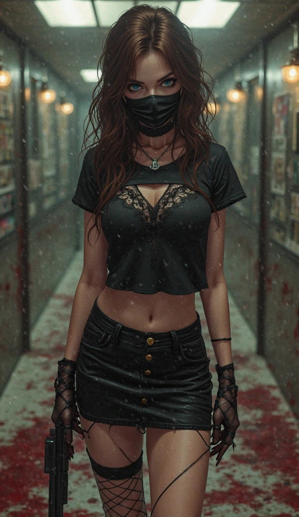 Beautiful woman with a soul of pure evil and hatred. brunette hair, blue eyed bank robber dressed in a black tee shirt with a black lace undershirt, a black mask, tight black skirt with fishnets and high heels. She is in a bank robbing it at gunpoint, dead guards on the floor covered in blood. Extreme violence. Realistic Anime Style.