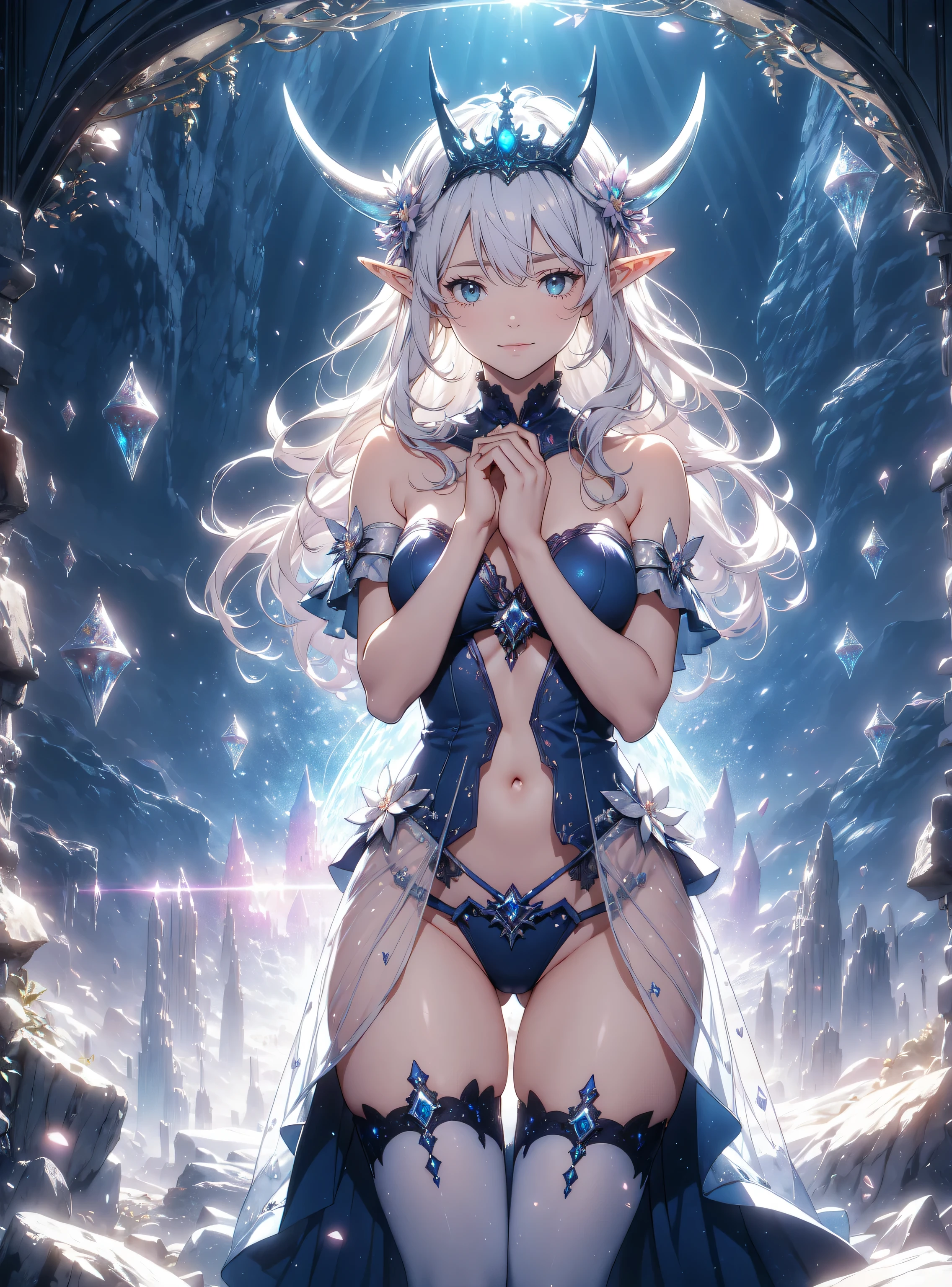 blue skinned water elf beautiful, with black hair, blue eyes and big breasts against the background of an ice cave UHD, textured leather, super detail, high detail, high quality,