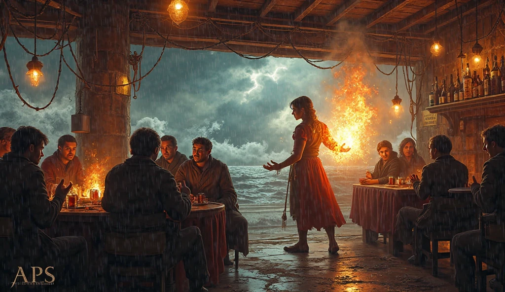 A bustling coastal tavern during a stormy night, its wooden interior warmed by a roaring fireplace. Rain lashes the windows, and a crowd of rugged sailors and merchants huddle around tables. In the center, a young woman with fiery eyes argues passionately, her silhouette framed by a sudden burst of radiant light from a nearby hero, whose hand glows as he shields her from a crashing wave. Outside, dark, unnatural waves churn under a lightning-streaked sky, hinting at a supernatural threat. The mood is lively yet tense.