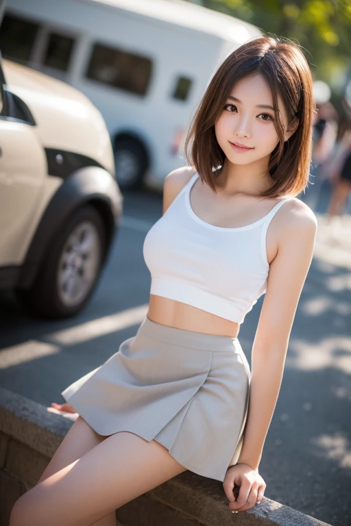 In 8K,Highest quality,The real picture,Intricate details,Ultra-high resolution,Depth Field,Masseter muscle area,Natural soft light,Professional Lighting,One Girl,(cute:1.2),Very beautiful 1,Detailed eyes,((Brown eyes)),(Brown Hair),(Short-haired),(Skin of the lawless zone of bangs,Glowing Skin,White skin,Fine skin,Big ample breasts,((Perfect Anatomy,Nice hands,Perfect hands,Five fingers connected to the palm,Accurate needles without discomfort)),Perfect bare legs,Delicate legs,Perfect Proportions,Sexy,I can see your chest,((Japan Uniform)),((Uniform Mini Skirt)),(tie),Black socks,Chano Leather Shoes,Lurking deep in the city,I can see your crotch,Show me your panties in the street,Both legs are bent,Legs are spread in an M shape,,I can see your pants,Slender thighs when viewed from the front
